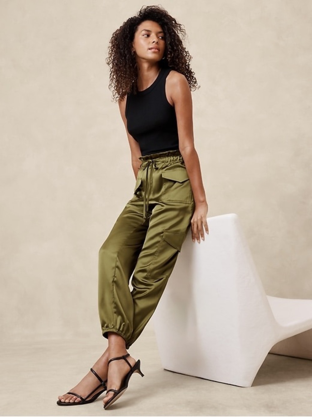 BR Satin Cargo Jogger in Dark Palm (Olive Green) Sz M